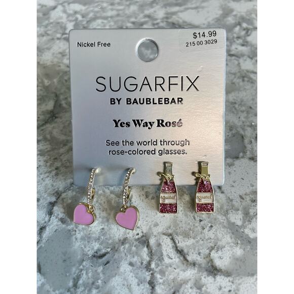 Sugarfix Baublebar Yes Way Rose Duo heart huggies bottle studs earrings NWT - Picture 1 of 3